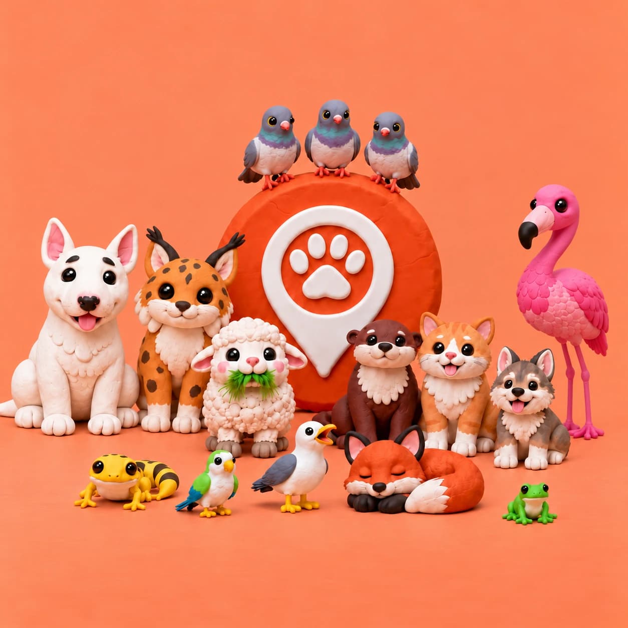 Animales de plastilina rodeando el logo naranja de PataClan