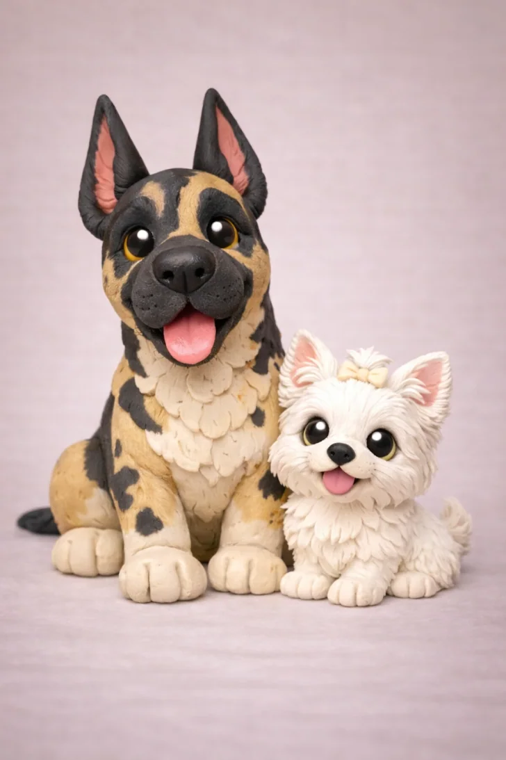Dos perros de plastilina sentados juntos