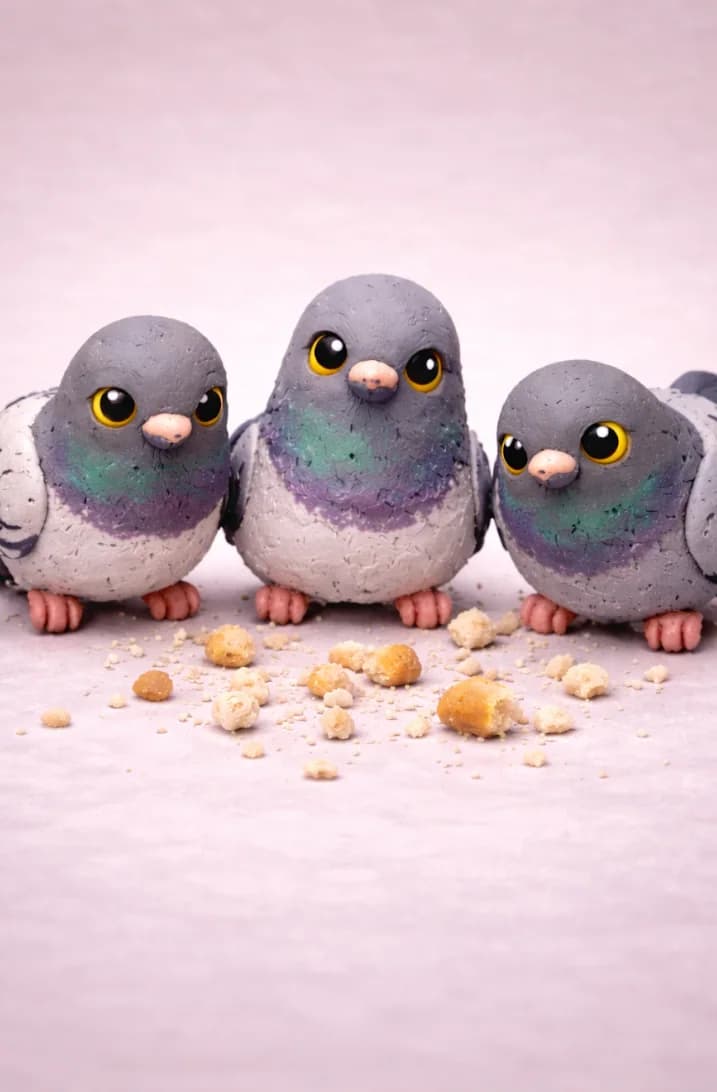 Tres palomas de plastilina comiendo migas reales