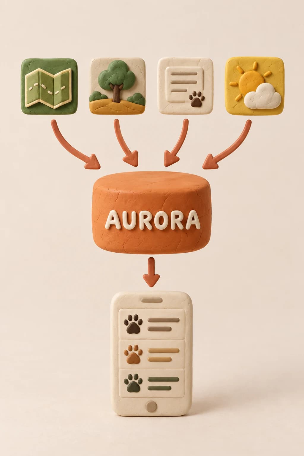 AURORA representada en plastilina: reúne información de mapas, entorno, registros y momento del día para ofrecer una consulta sencilla de fauna probable