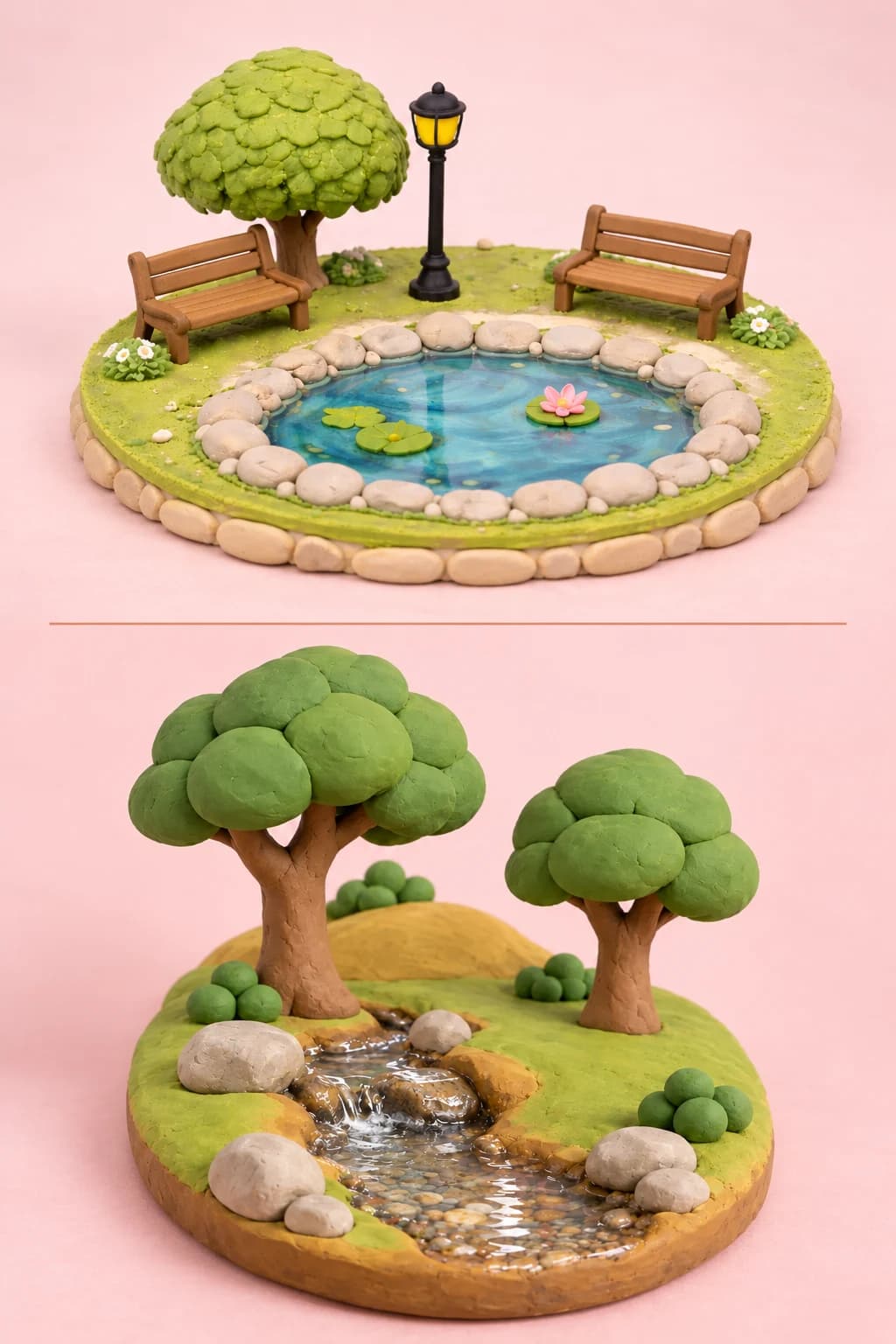 Dos dioramas de plastilina separados por una línea fina: un parque urbano y una ribera silvestre