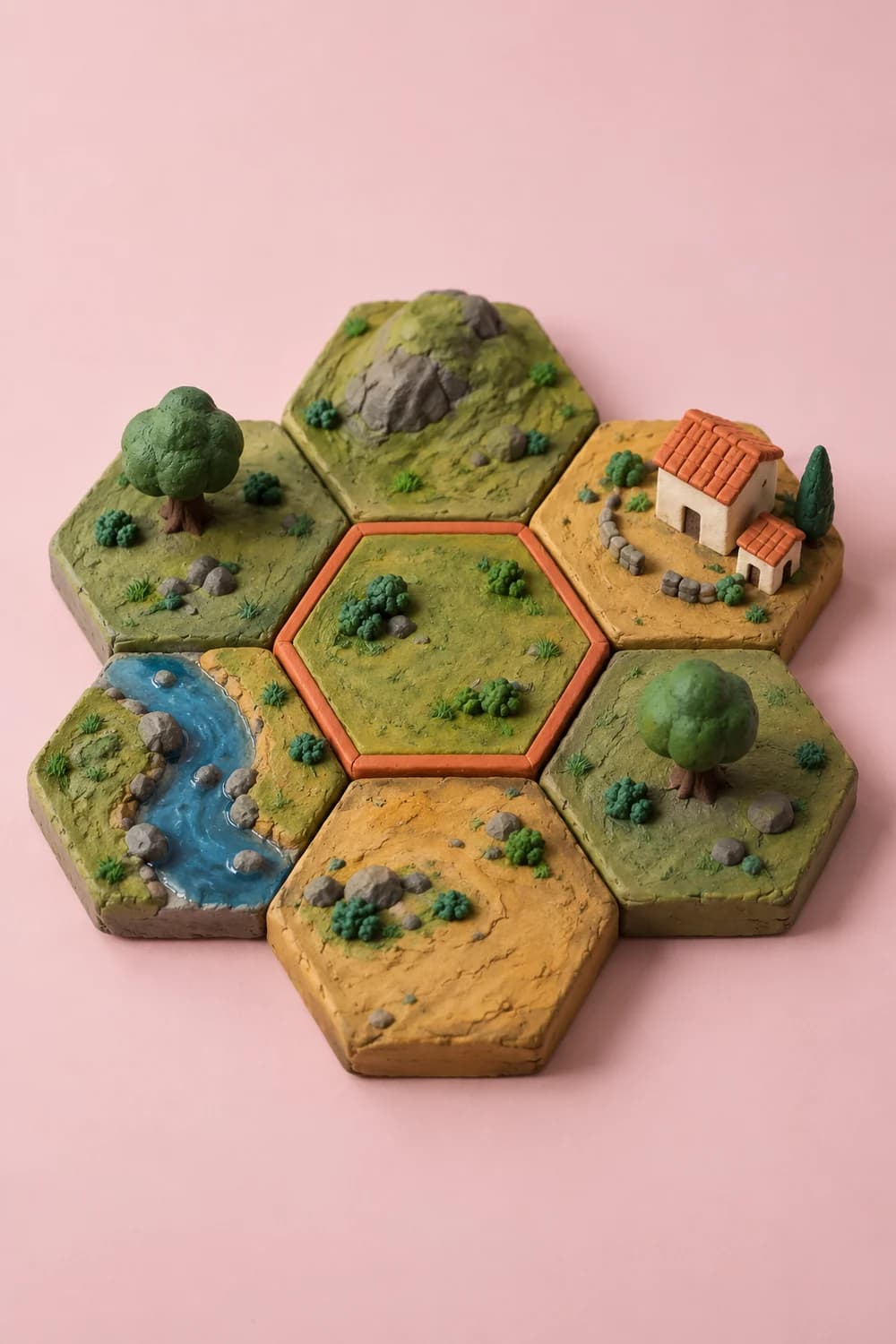 Un paisaje de plastilina compuesto por celdas hexagonales conectadas