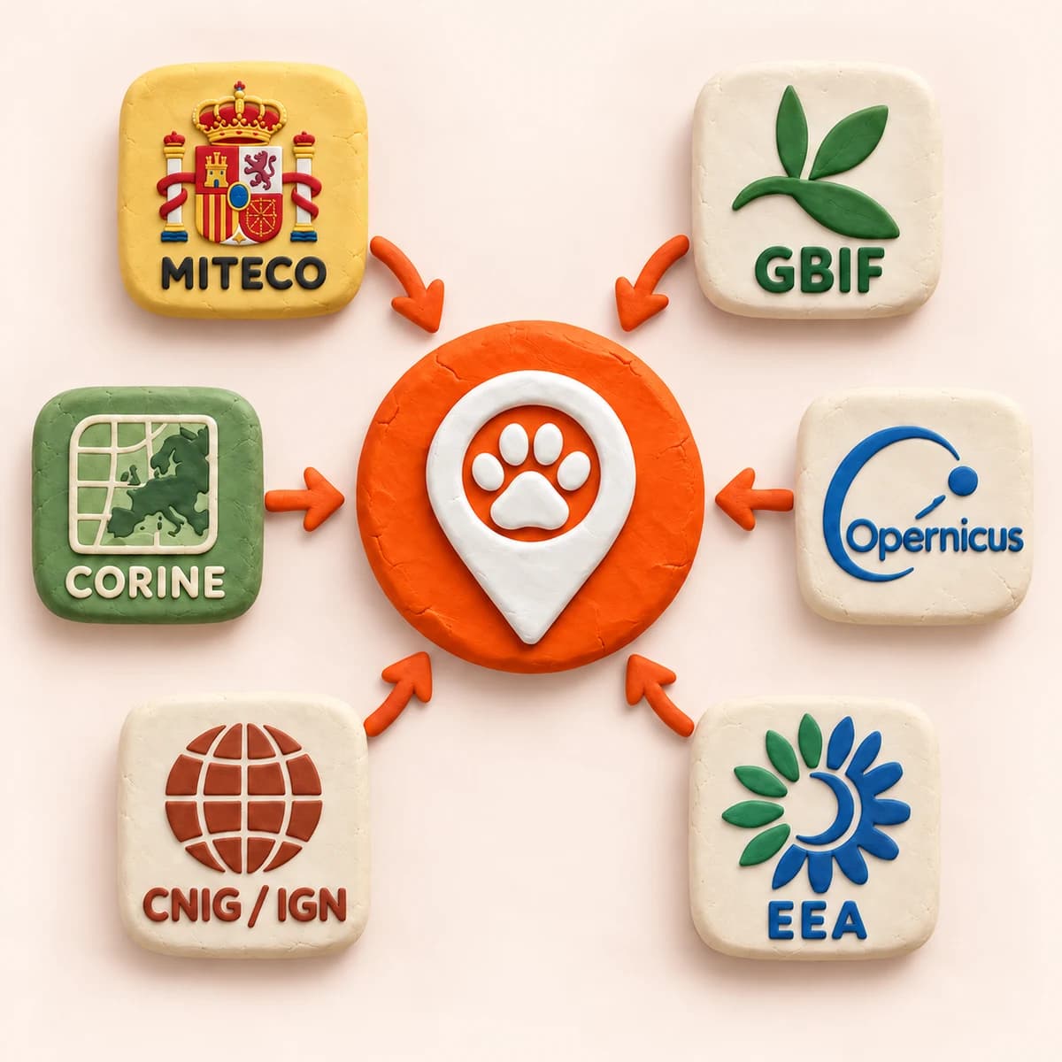 Representaciones en plastilina de MITECO, GBIF, CORINE, Copernicus, CNIG/IGN y EEA, con flechas que confluyen hacia el logo de PataClan