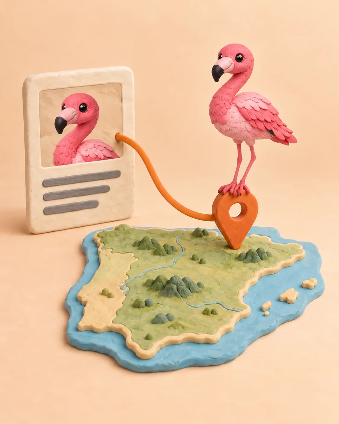 Noticia de un flamenco conectada con el mismo animal sobre un mapa de España de plastilina