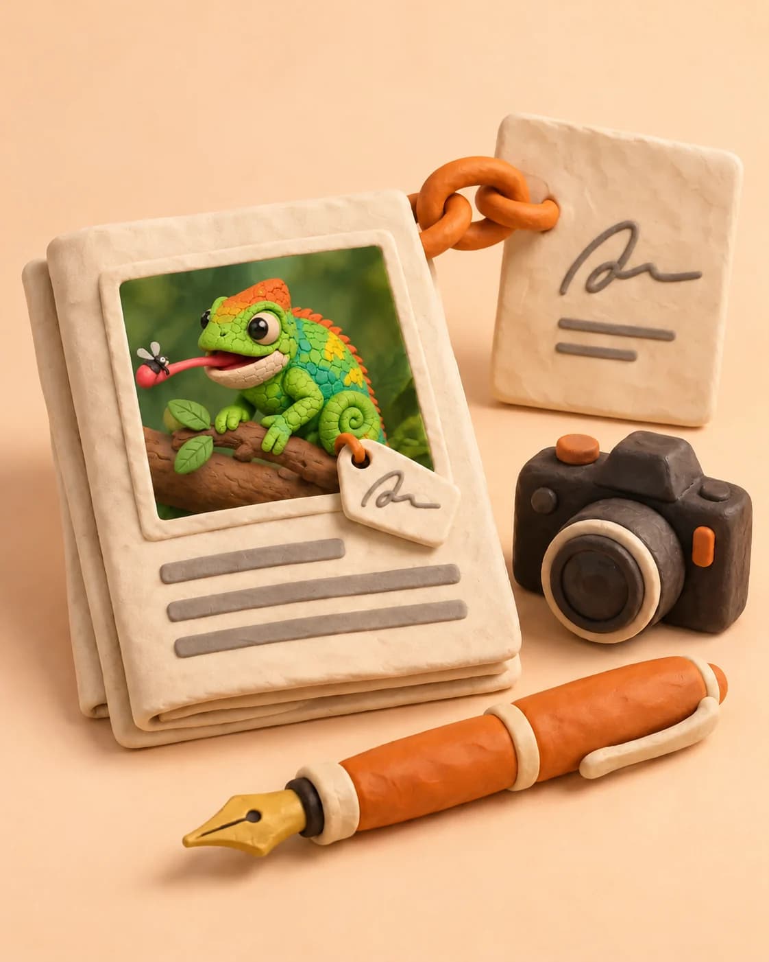 Artículo con fotografía de un camaleón, fuente original y créditos junto a una cámara y una pluma de plastilina